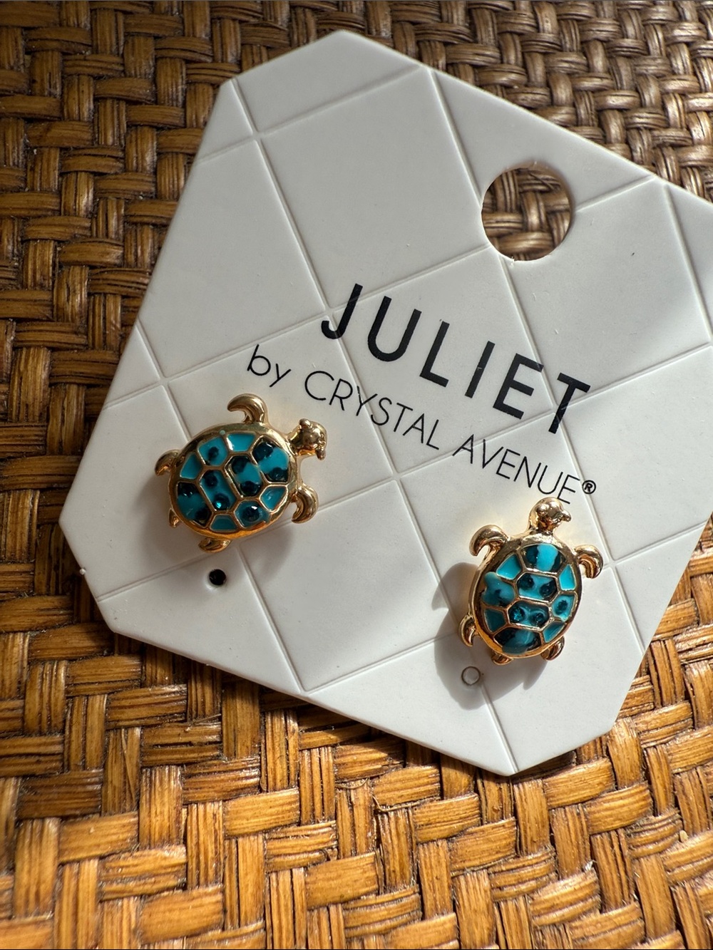 Gold Turtle Stud Earrings with Teal Crystal Shell - Picture 2 of 6